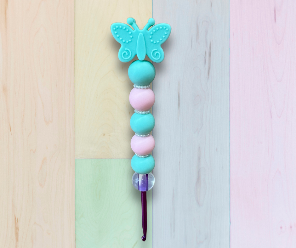 Beaded Crochet Hook Pink and Mint Butterfly