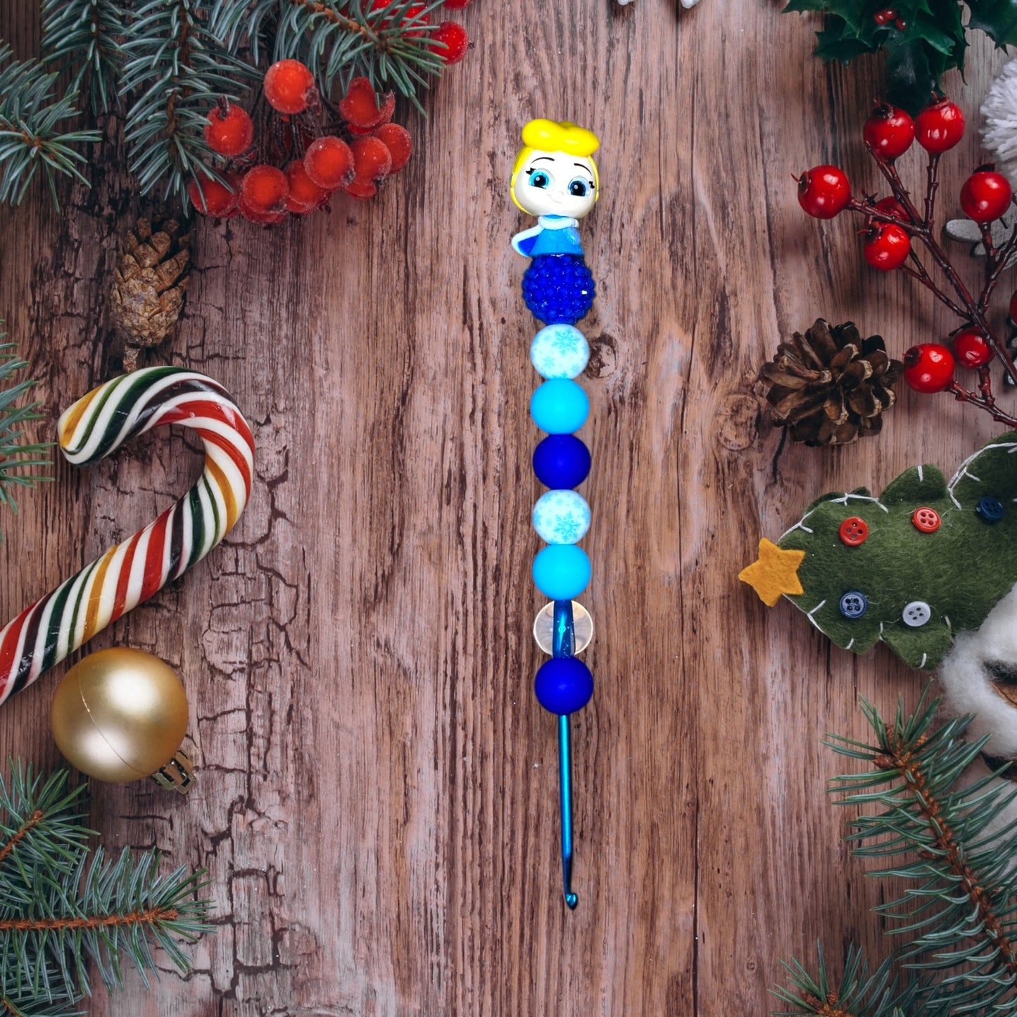 Beaded Crochet Hook Made with Winter Princess Doorable