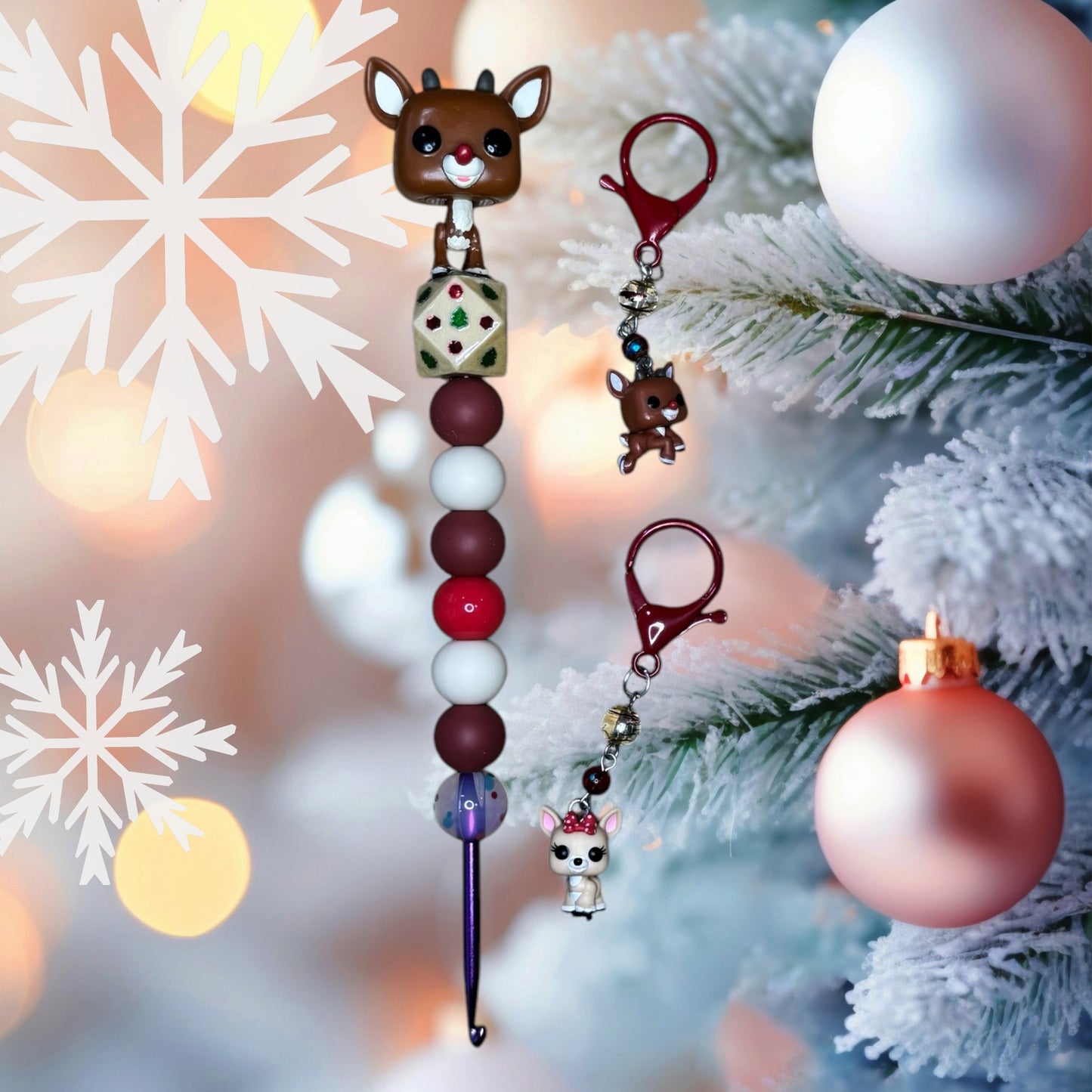 Beaded Crochet Hook and Stitch Marker Set Made with Funko Rudolph the Red Nosed Reindeer