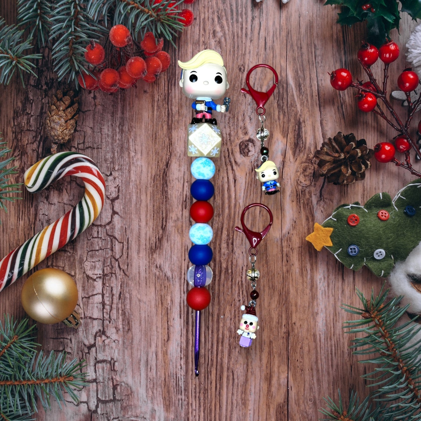 Beaded Crochet Hook and Stitch Marker Set Made with Funko Rudolph the Red Nosed Reindeer