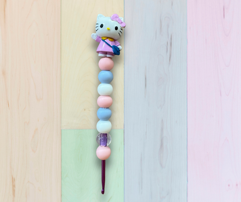 Beaded Crochet Hook made w/ Hello Kitty topper- Blue Purse