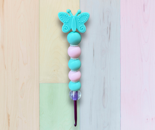 Beaded Crochet Hook Pink and Mint Butterfly