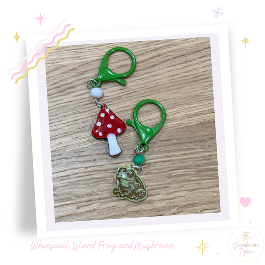 Whimsical Island Wood Frog & Mushroom Charms – Hand-Painted with Love