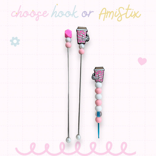 Choose Beaded Crochet Hook and/Or AmiStixTM - Pink Skeleton Coffee