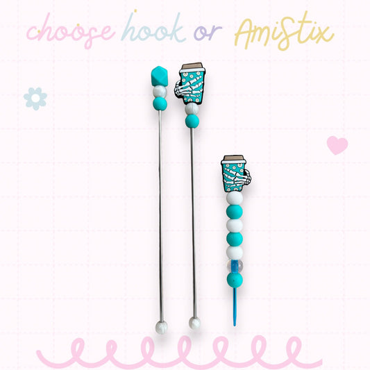 Choose Beaded Crochet Hook and/Or AmiStixTM - Teal Skeleton Coffee