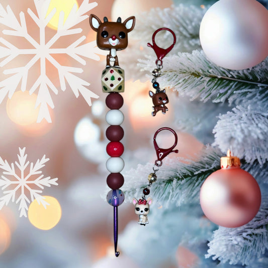 Beaded Crochet Hook and Stitch Marker Set Made with Funko Rudolph the Red Nosed Reindeer