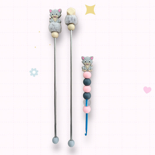 Choose Beaded Crochet Hook and/Or AmiStixTM - Light Gray and Pink Cat