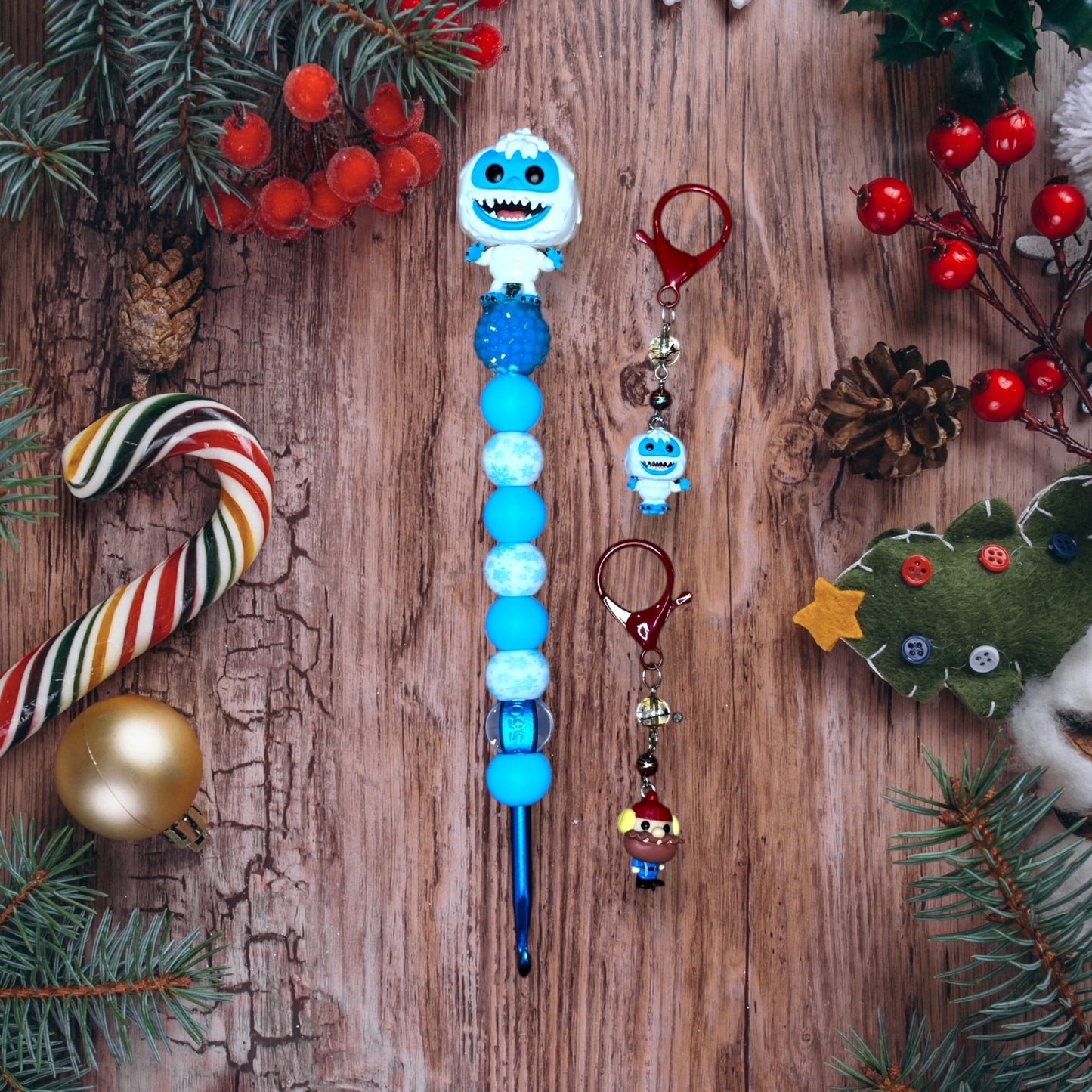 Beaded Crochet Hook and Stitch Marker Set Made with Funko Rudolph the Red Nosed Reindeer