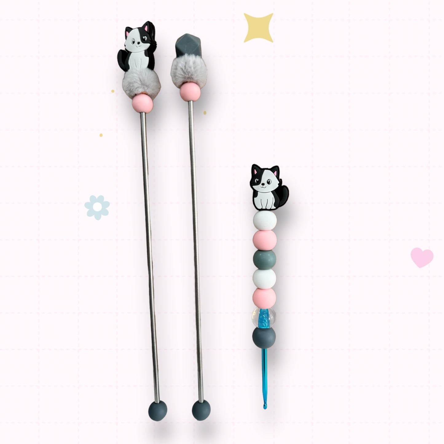 Choose Beaded Crochet Hook and/Or AmiStixTM - White and Black Kitten