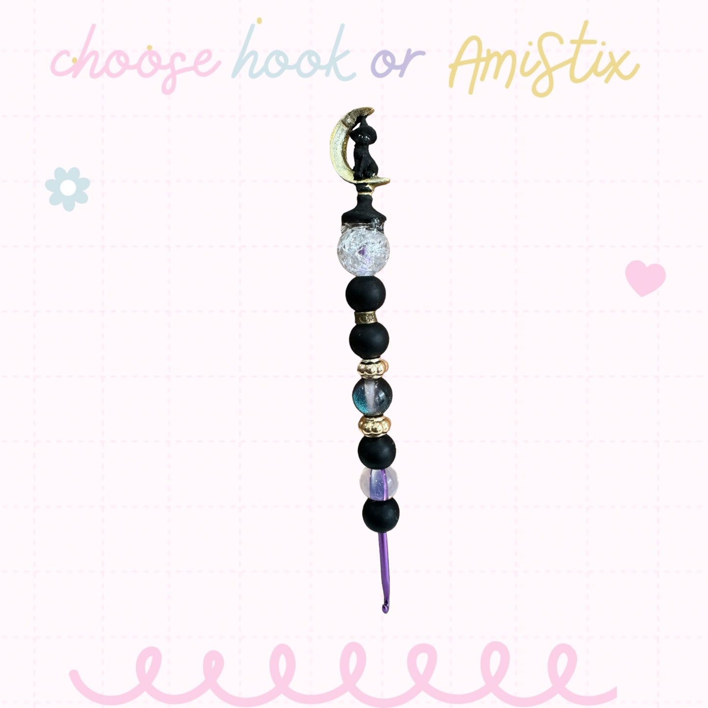 Choose Beaded Crochet Hook and/Or AmiStixTM - Black Witch Cat READ DESCRIPTION